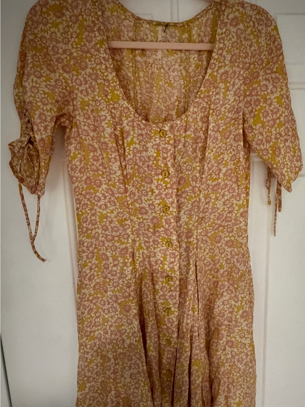 Free People Pale Pink and Mustard Floral Button-Front Mini Dress
